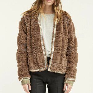 BOUNDLESS North Embossed Faux-Fur Jacket open front brown size Small